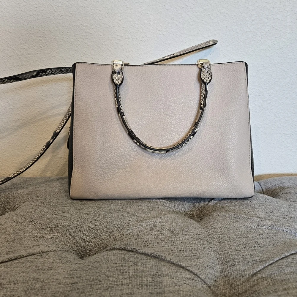 kate spade Pebbled Leather Satchel in Cream with Snake-Print Trim